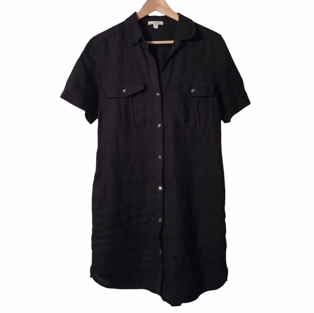 James Perse 100% Linen Black Short Sleeve Button Down Knee Length Shirt Dress 2